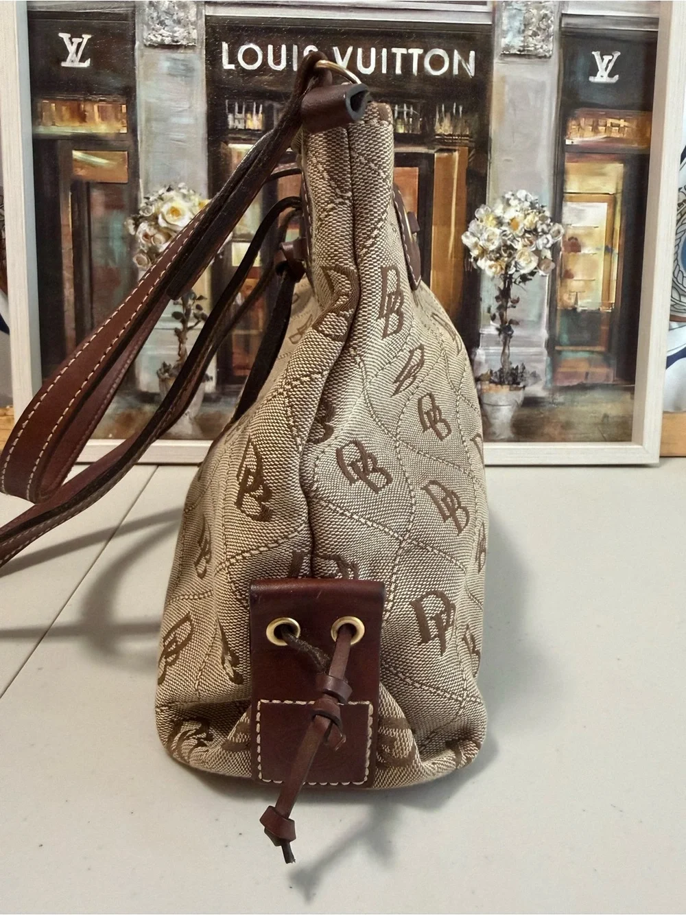 Dooney & Bourke Beige Monogram Quilted Tote with Brown Leather Trim